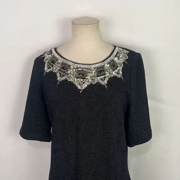 St John Black Shimmer Knit With Beaded Neck Dress