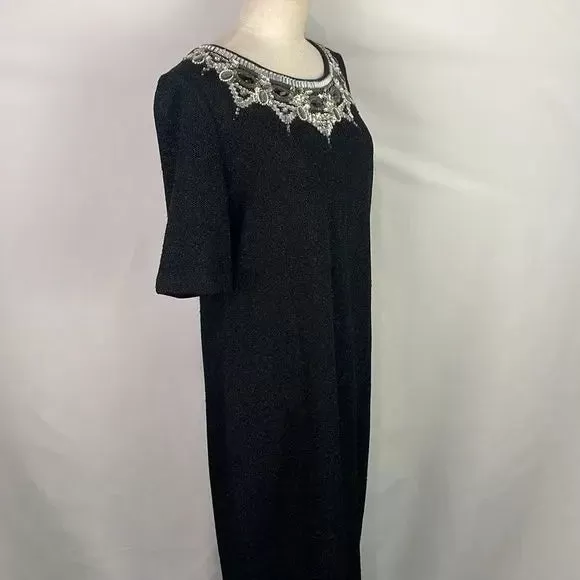 St John Black Shimmer Knit With Beaded Neck Dress