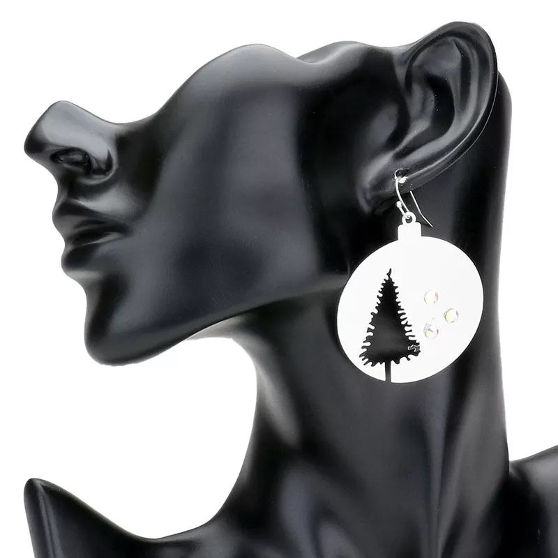 Stone Embellished Cut Out Tree Christmas Ornament Earrings