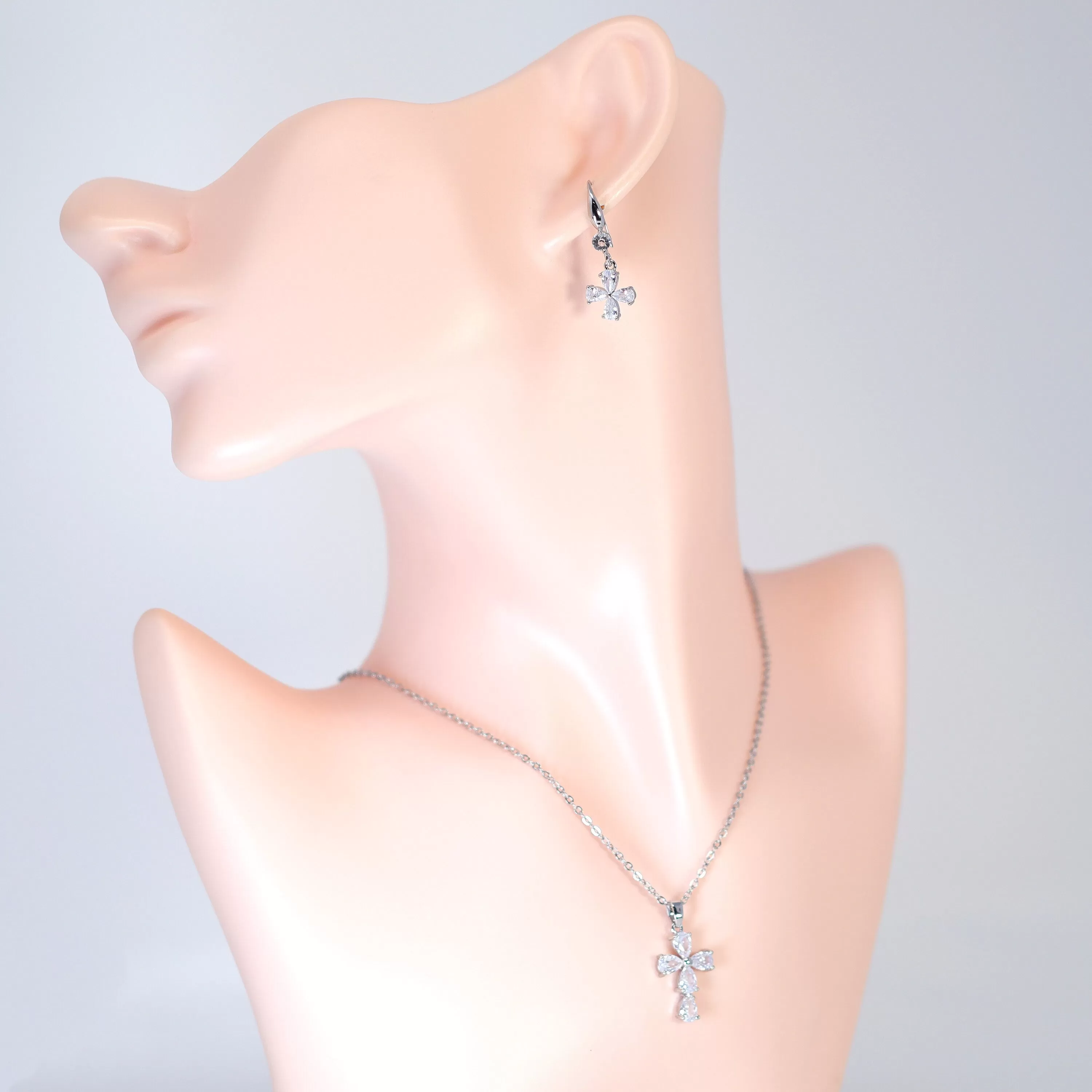 Swarovski Crystal Dainty Clover And Cross Drop Necklace , Bridal Jewelry, Bridal Earrings And Necklace, Statement Earrings Cz, Necklace Set