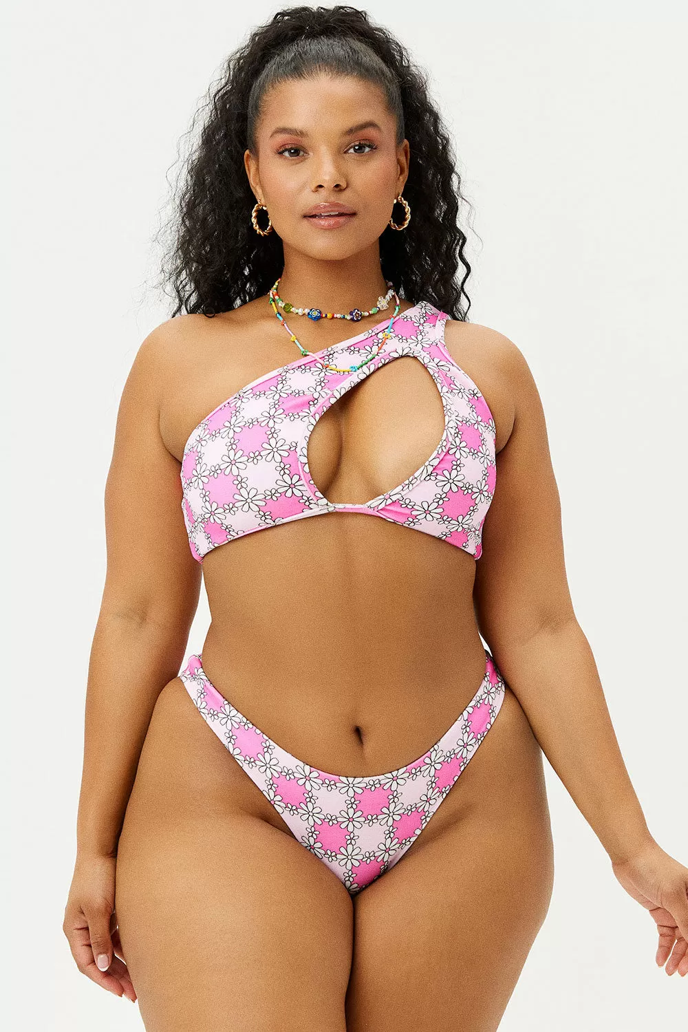 Syd Terry One Shoulder Bikini Top - Pink Daisy