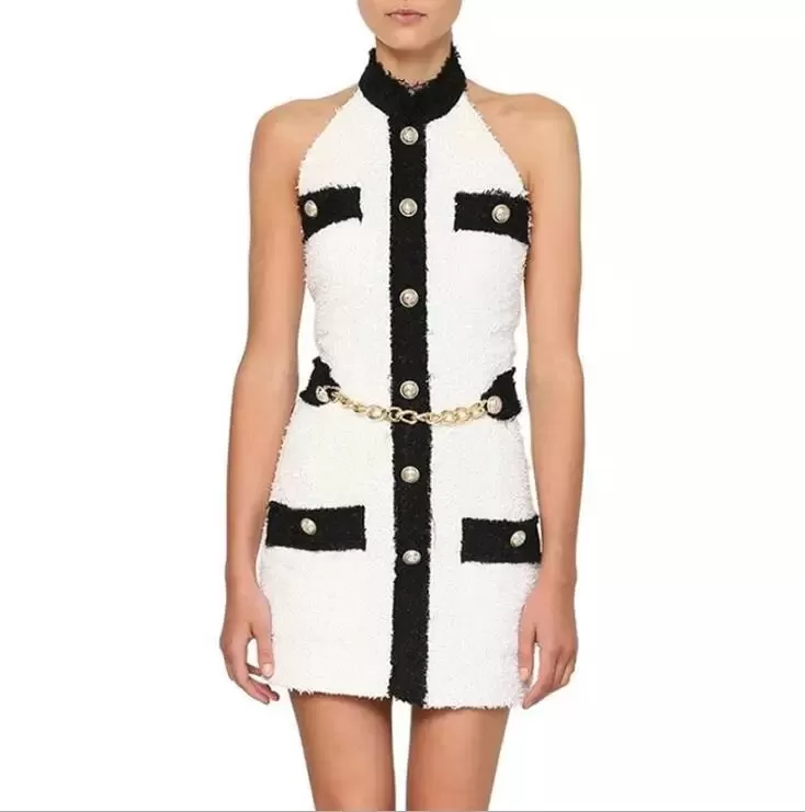 Tweed Black   White Halter Gold Buttons Mini Dress