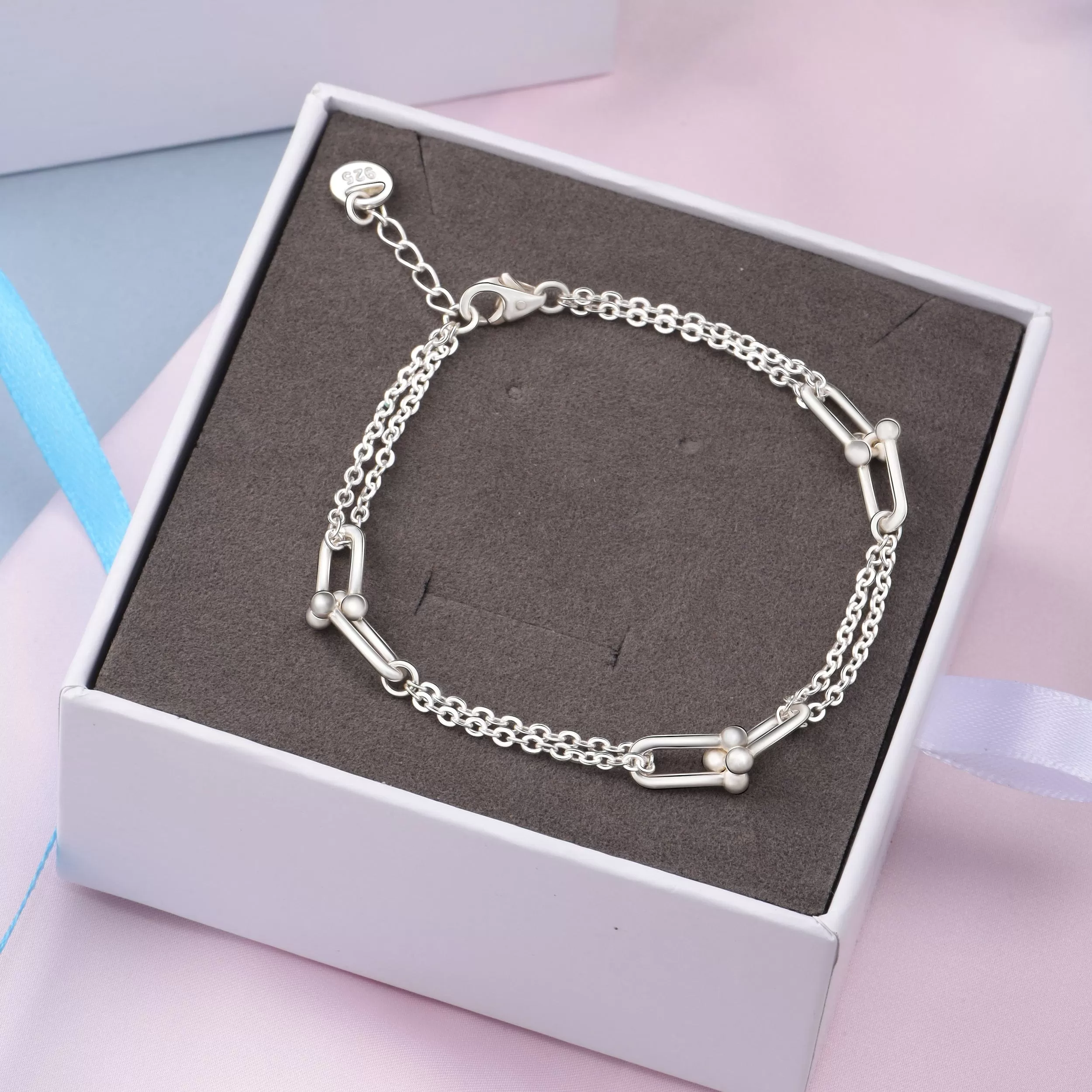 U Link Bracelet Mix Double Chain Bracelet Silver