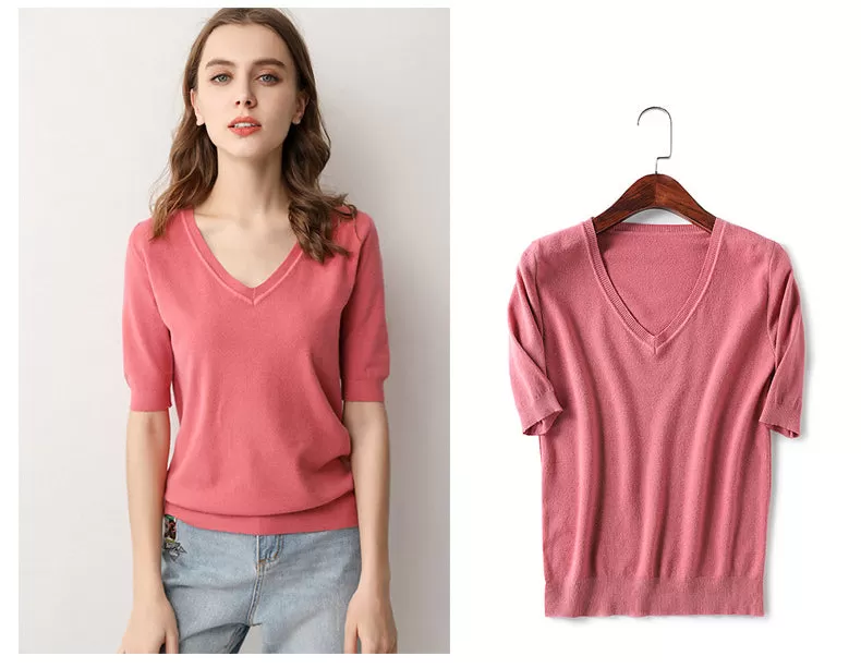 V Neck Short Sleeve Shirt Top - Pink