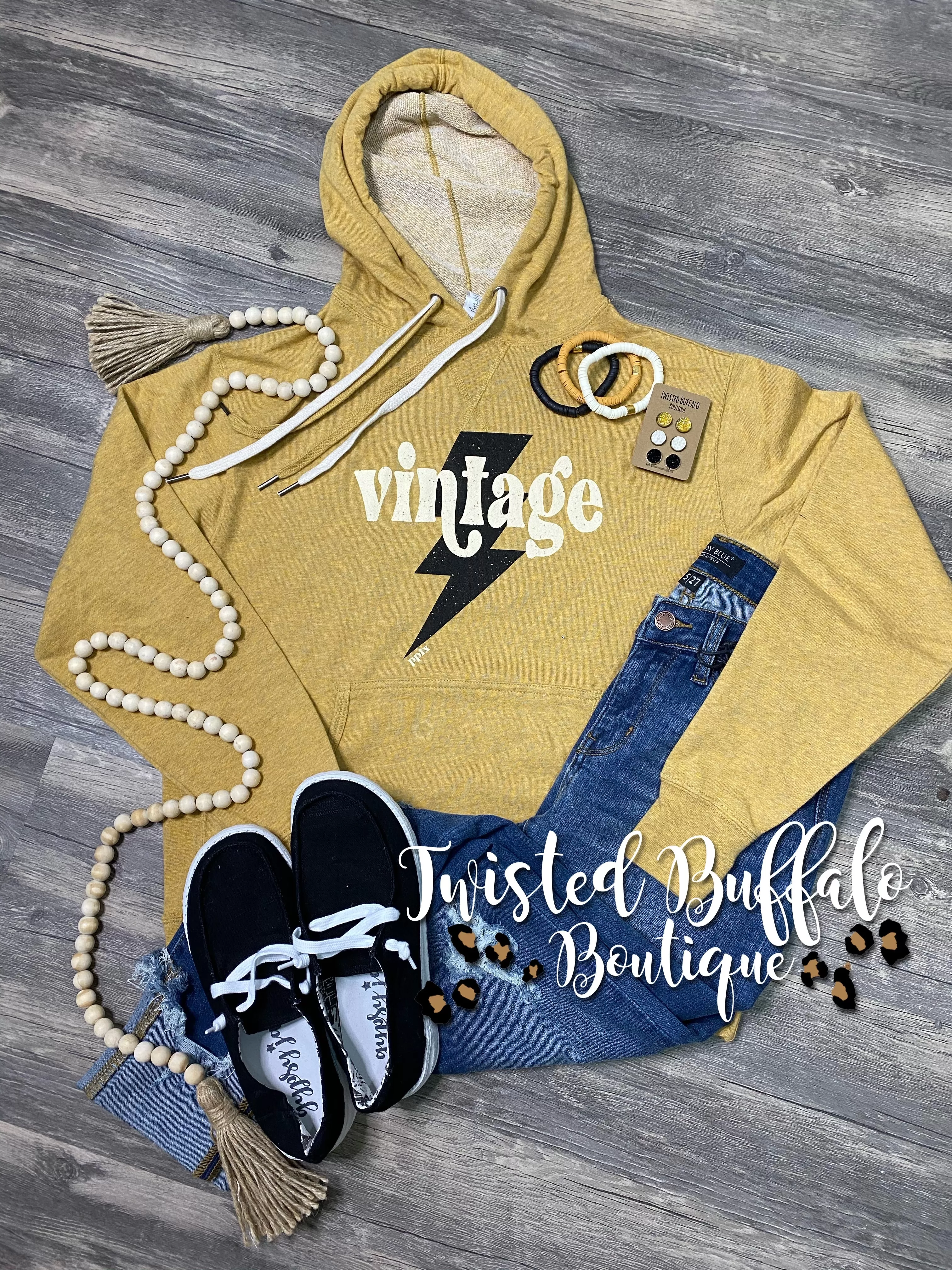 {VINTAGE} Heather Mustard French Terry Hoodie Sweatshirt