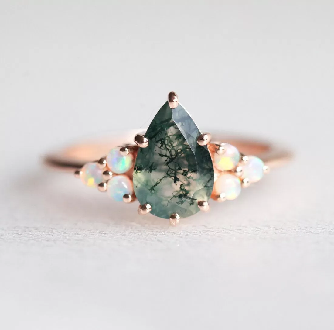 Willow Pear Moss Agate And Opal Ring Set