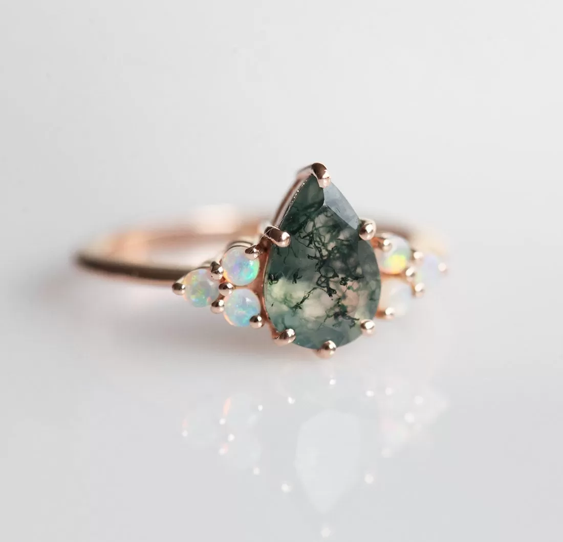 Willow Pear Moss Agate And Opal Ring Set