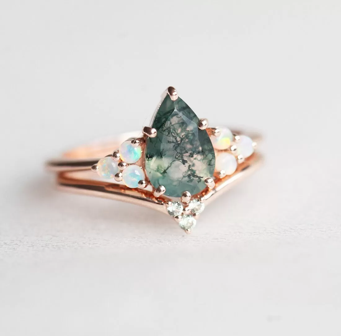 Willow Pear Moss Agate And Opal Ring Set