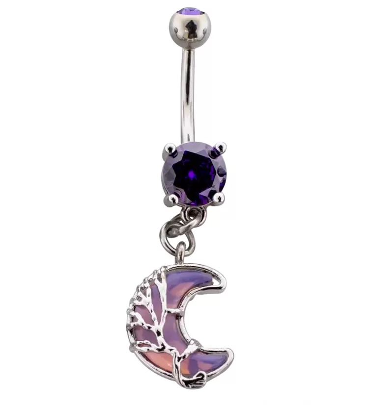 Wire Moon Purple Opalite Purple CZ Stainless Steel Belly Button Ring