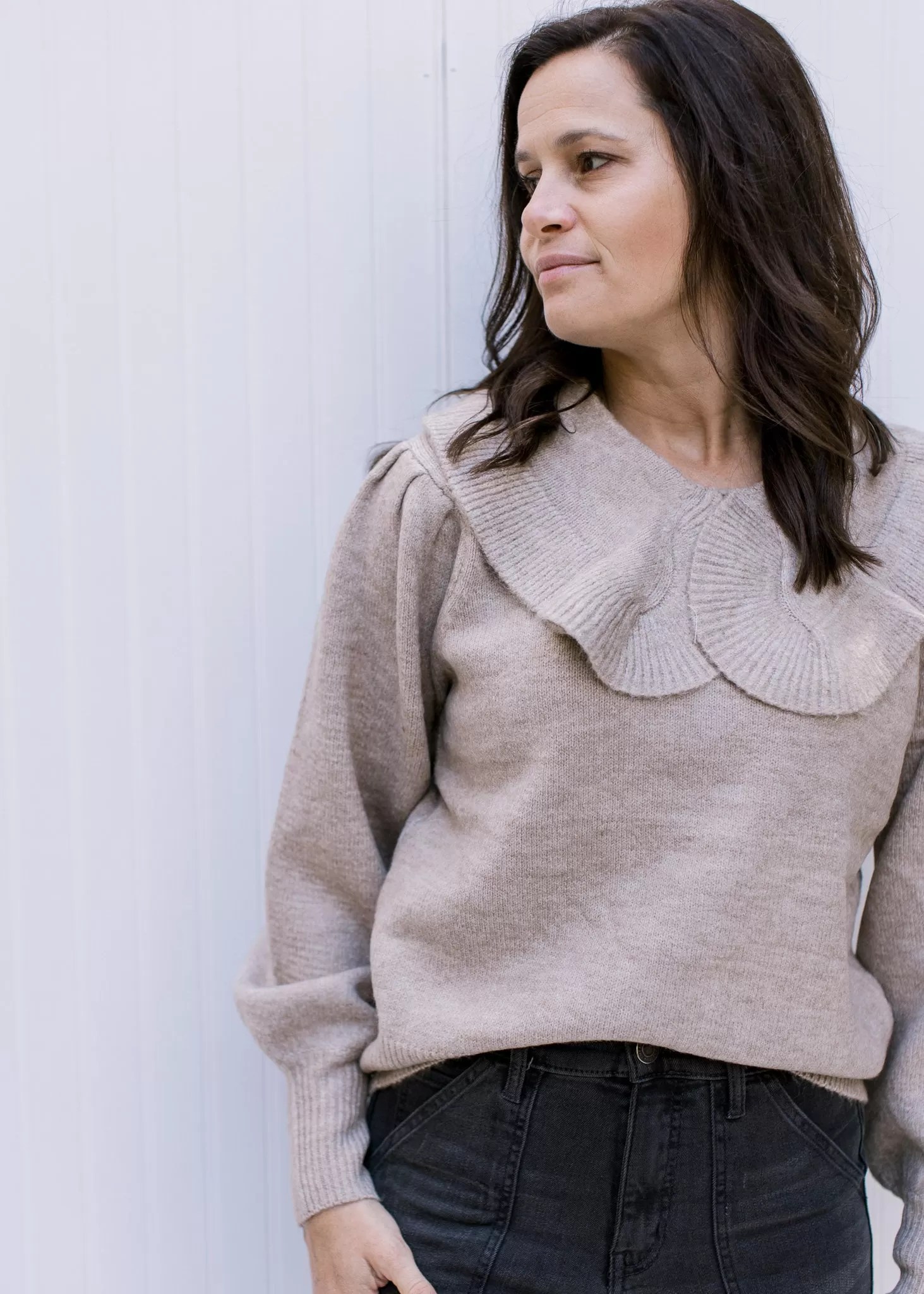 X Collar Me Taupe Sweater